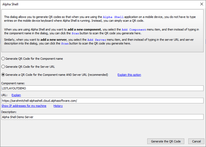 Alpha Shell QR Code Dialog